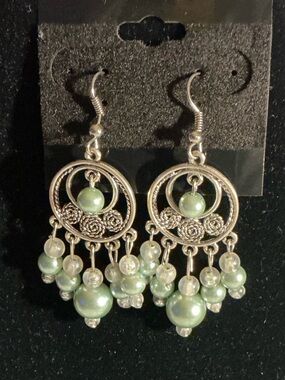 Silver-Tone Green tone Pearl and clear Dangle Earrings - Women Jewelry